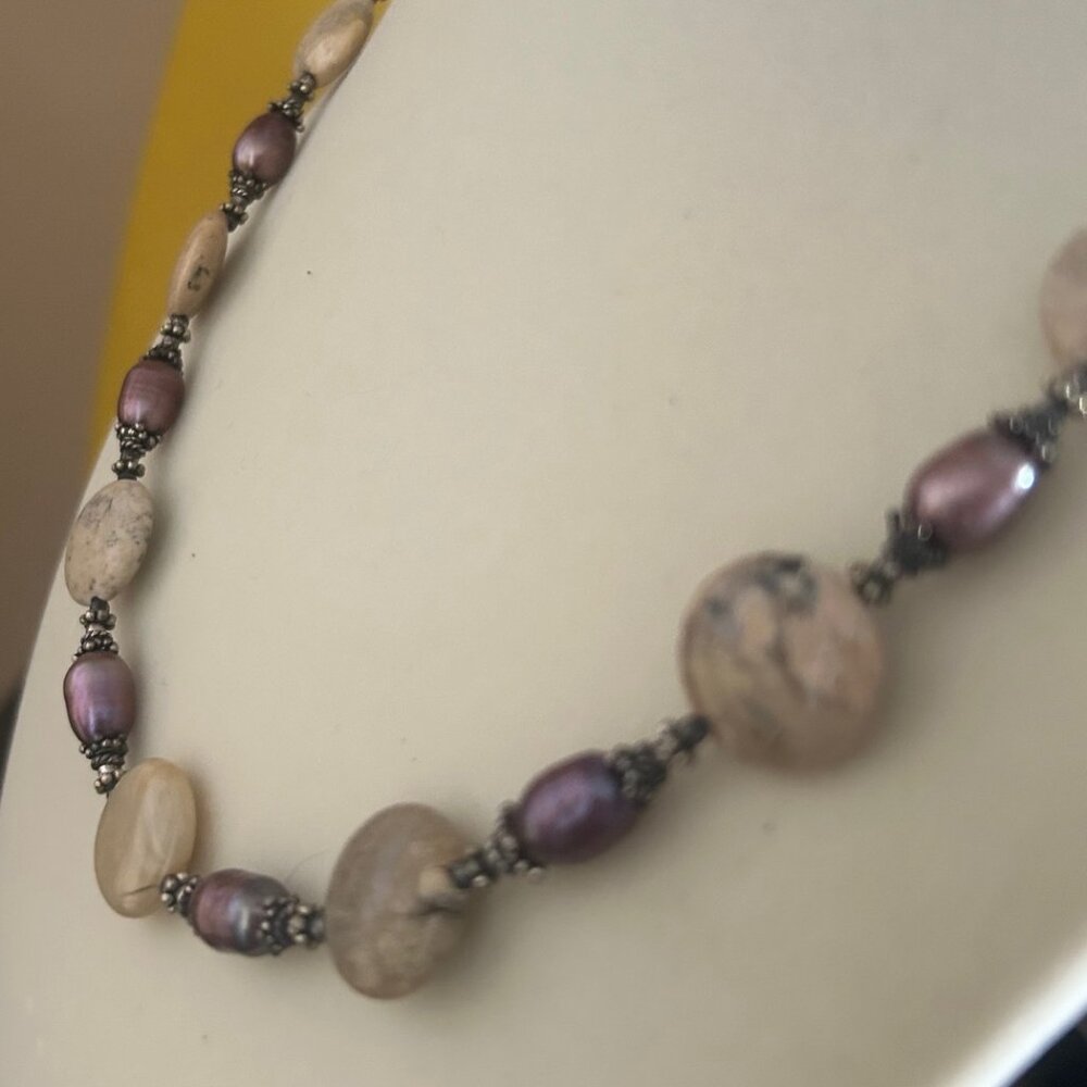 Handmade Jasper and Freshwater Pearl Necklace - Picture 2 of 6